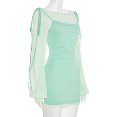 Long sleeve gloves crewneck self tie mini dress
