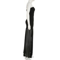 Slit mesh ruched backless tube maxi dress