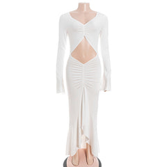 Long sleeve hollow out ruched v neck cut out maxi dress