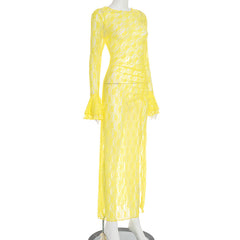 Long flared sleeve lace crewneck slit maxi dress