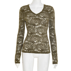 Long sleeve v neck lace see through top
