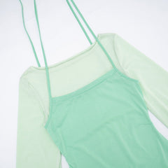 Long sleeve gloves crewneck self tie mini dress