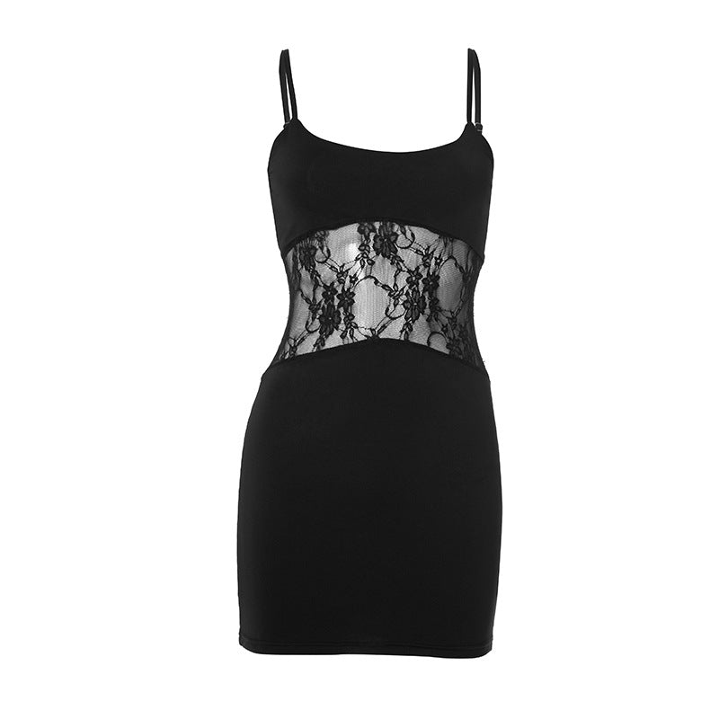 U neck lace patchwork solid cami mini dress