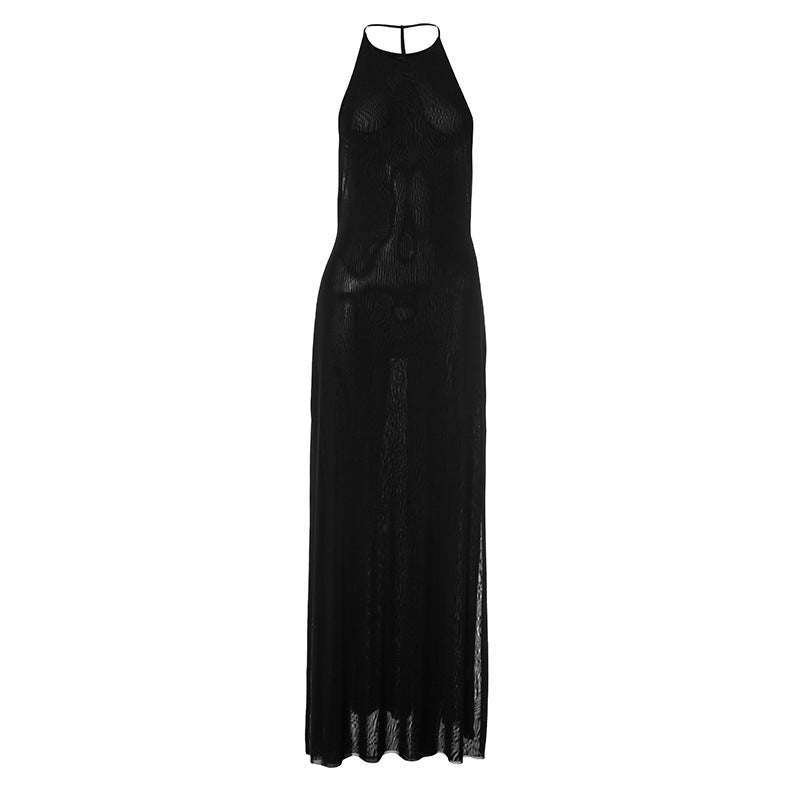 Crewneck slit mesh backless maxi dress
