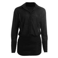 Long sleeve turnover collar button chiffon mini dress
