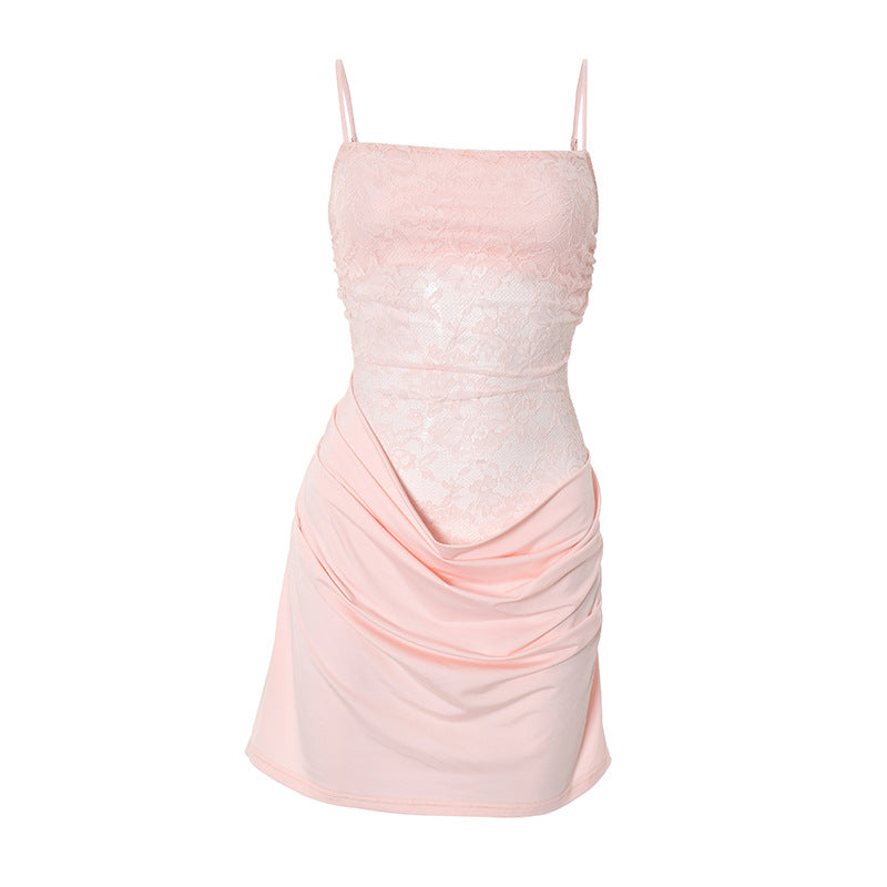 Square neck lace ruched cami mini dress