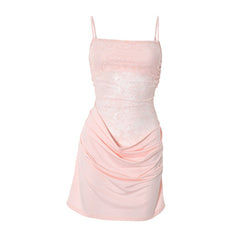 Square neck lace ruched cami mini dress