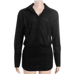 Long sleeve turnover collar button chiffon mini dress