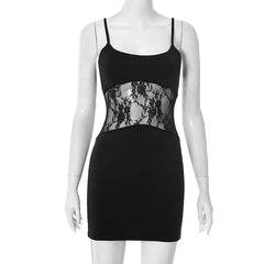 U neck lace patchwork solid cami mini dress