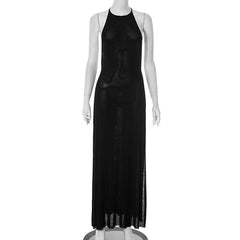 Crewneck slit mesh backless maxi dress