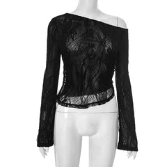 Long sleeve lace irregular see through top