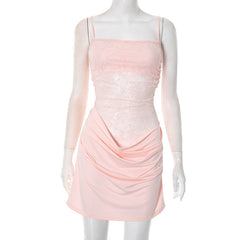 Square neck lace ruched cami mini dress