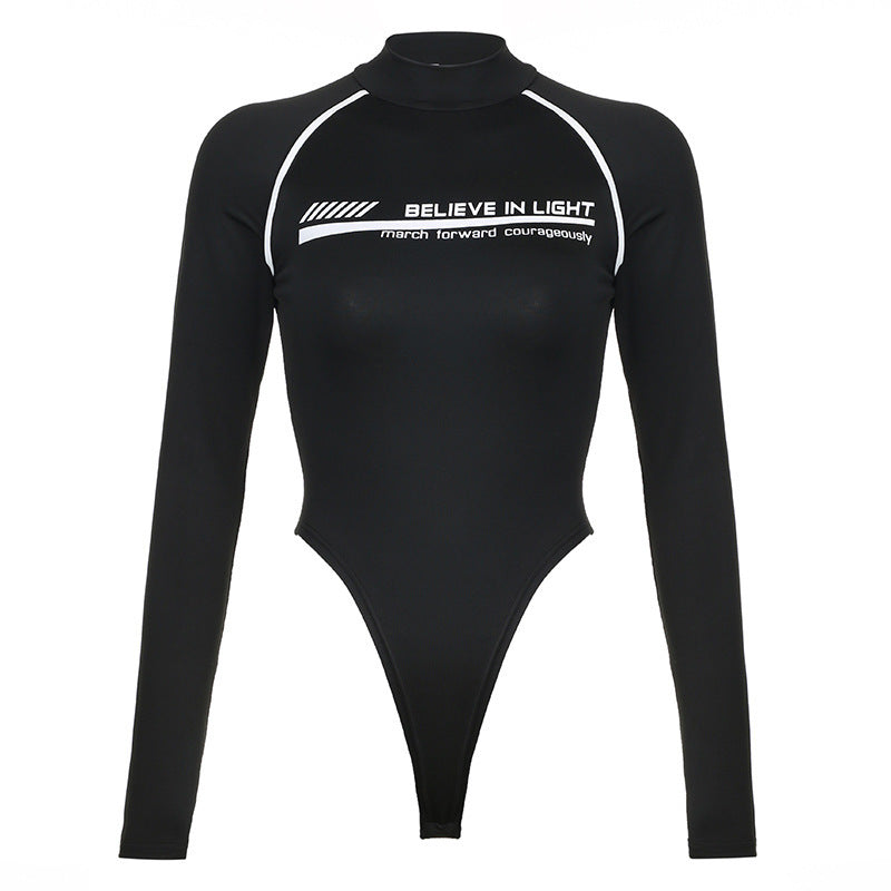 Long sleeve letter pattern high neck bodysuit