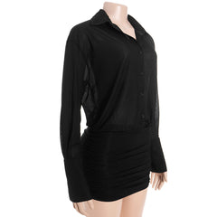 Long sleeve turnover collar button chiffon mini dress