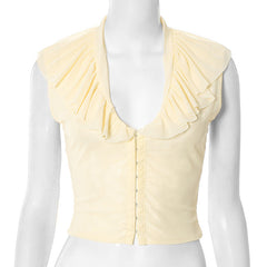 Ruched v neck mesh button solid top