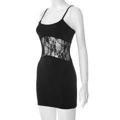 U neck lace patchwork solid cami mini dress