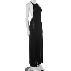 Crewneck slit mesh backless maxi dress