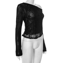 Long sleeve lace irregular see through top