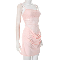 Square neck lace ruched cami mini dress