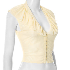 Ruched v neck mesh button solid top