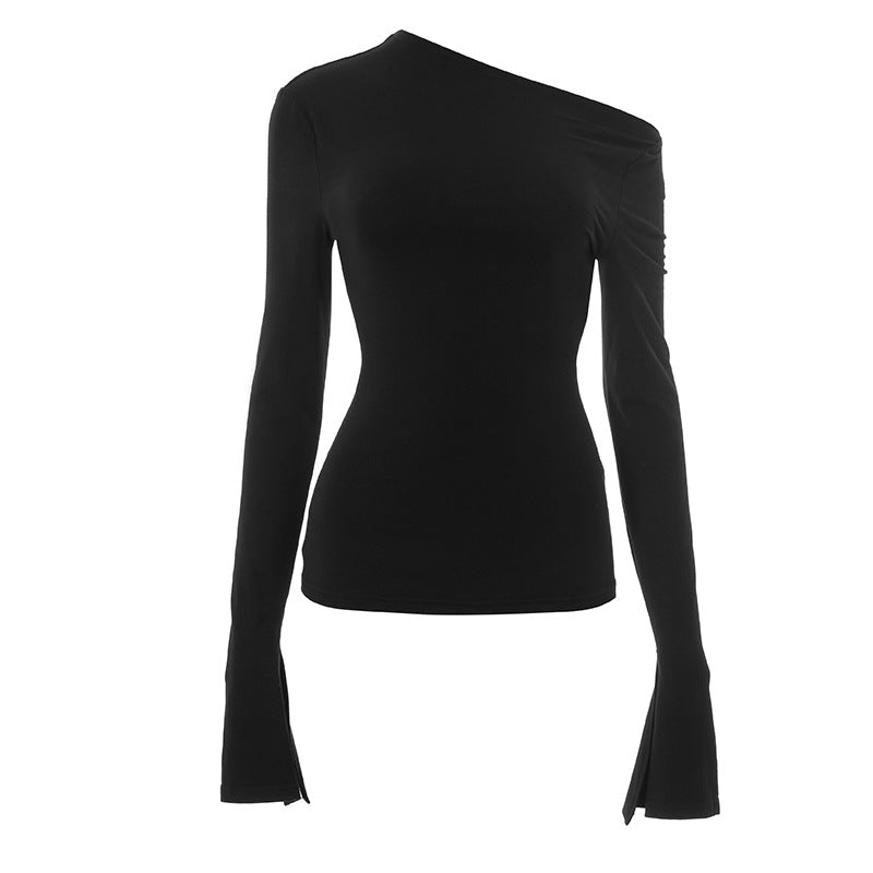 Long flared sleeve irregular one shoulder top