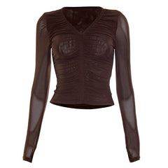 Sheer mesh long sleeve ruched v neck top