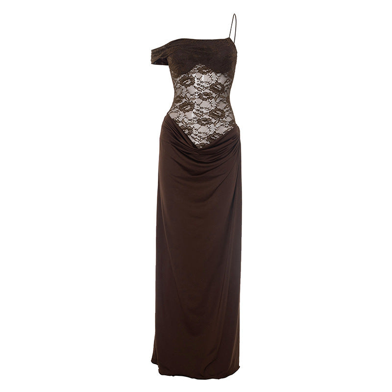 Ruched lace irregular button cami maxi dress