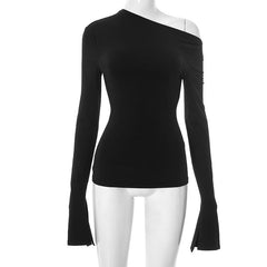 Long flared sleeve irregular one shoulder top