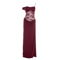 Ruched lace irregular button cami maxi dress