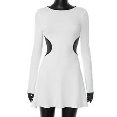 Long sleeve crewneck contrast backless mini dress