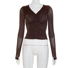 Sheer mesh long sleeve ruched v neck top
