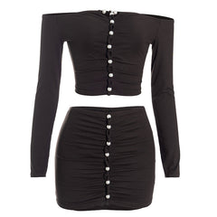 Ruched off shoulder long sleeve mini skirt set