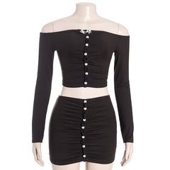 Ruched off shoulder long sleeve mini skirt set