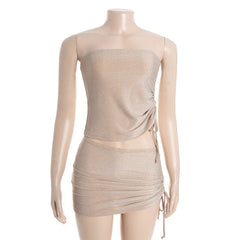 Drawstring ruched irregular tube mini skirt set