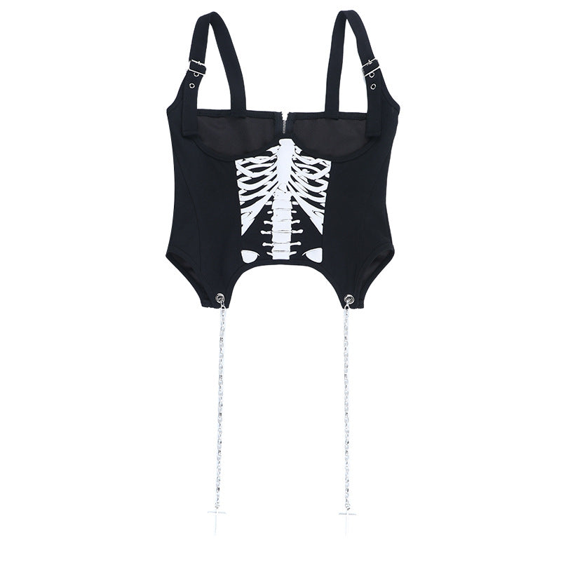 Metal chain zip-up bone pattern buckle cami top