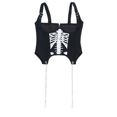 Metal chain zip-up bone pattern buckle cami top