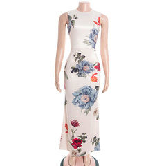 Crewneck flower print backless maxi dress