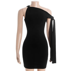 Self tie irregular one shoulder solid mini dress