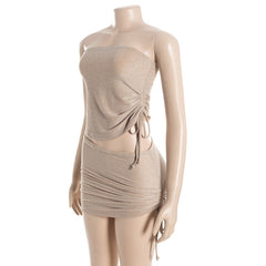 Drawstring ruched irregular tube mini skirt set