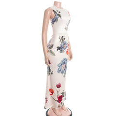 Crewneck flower print backless maxi dress