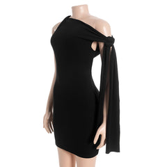 Self tie irregular one shoulder solid mini dress