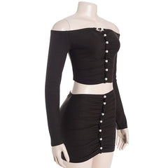 Ruched off shoulder long sleeve mini skirt set