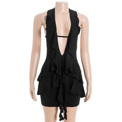 Halter self tie ruched deep v neck ruffle mini dress