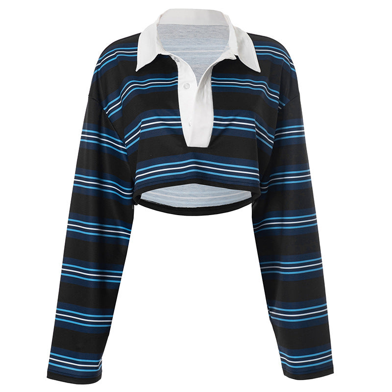 Long sleeve turnover collar button striped crop top