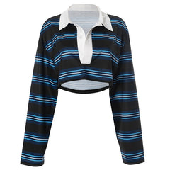 Long sleeve turnover collar button striped crop top