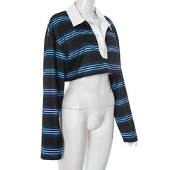 Long sleeve turnover collar button striped crop top