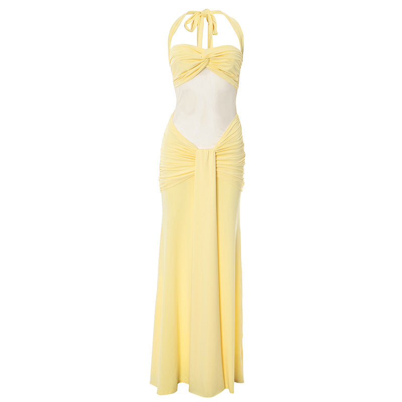 Halter self tie ruched mesh maxi dress