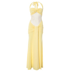 Halter self tie ruched mesh maxi dress