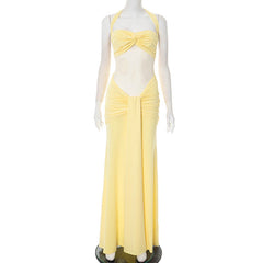 Halter self tie ruched mesh maxi dress