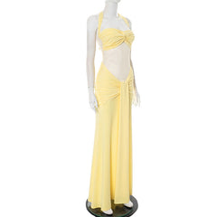 Halter self tie ruched mesh maxi dress
